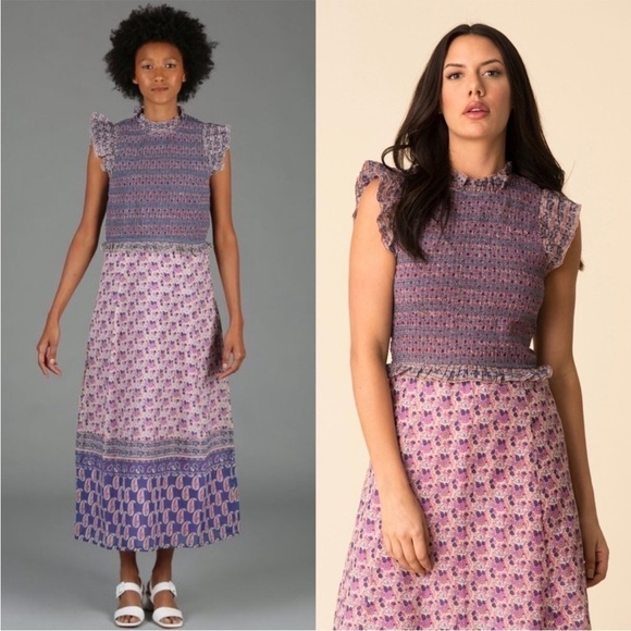 SEA NY Lilac Floral Paisley Stripe Smocked Ruffle Trim Flutter Sleeve Dress 2 - Picture 6 of 14